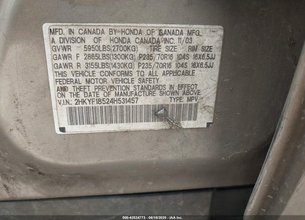 2004 HONDA PILOT VIN: 2HKYF18524H531457