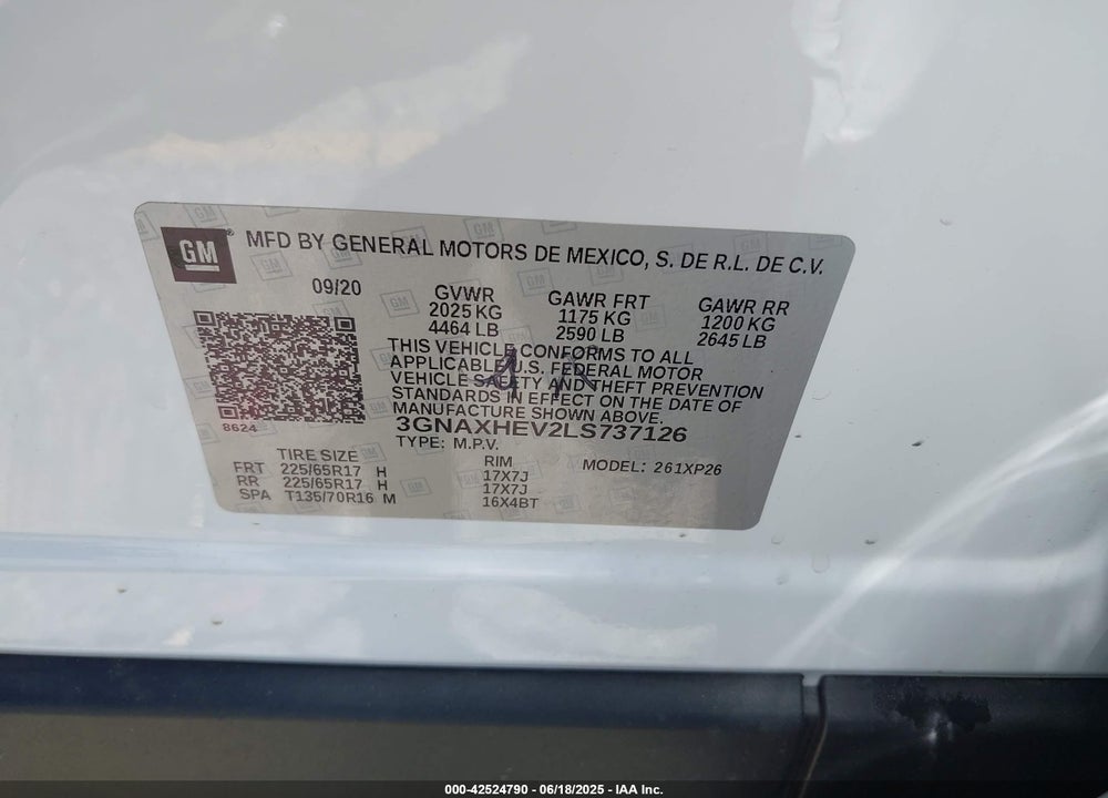 2020 CHEVROLET EQUINOX VIN: 3GNAXHEV2LS737126