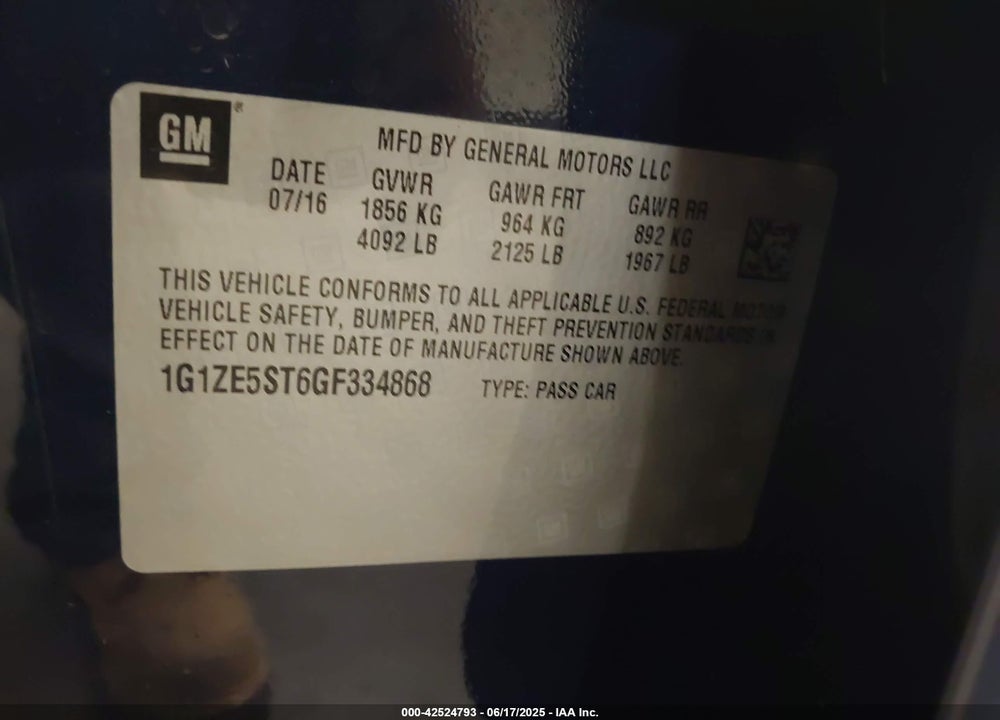 2016 CHEVROLET MALIBU VIN: 1G1ZE5ST6GF334868