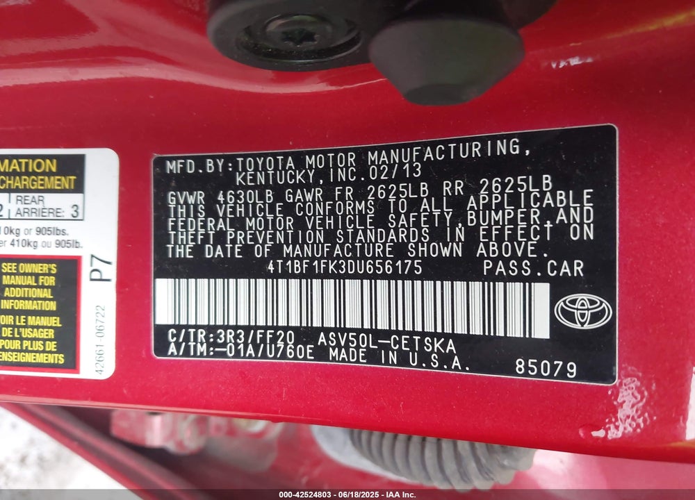 2013 TOYOTA CAMRY VIN: 4T1BF1FK3DU656175