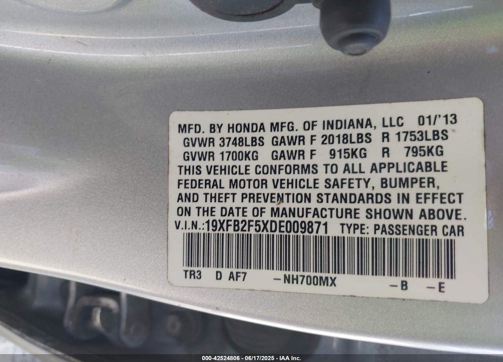 2013 HONDA CIVIC VIN: 19XFB2F5XDE009871