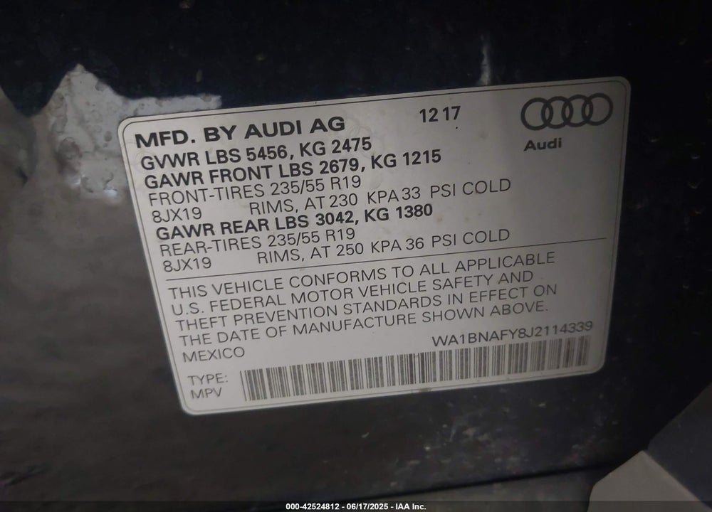 2018 AUDI Q5 VIN: WA1BNAFY8J2114339