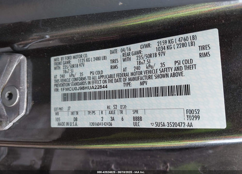 2017 FORD ESCAPE VIN: 1FMCU0J98HUA22844