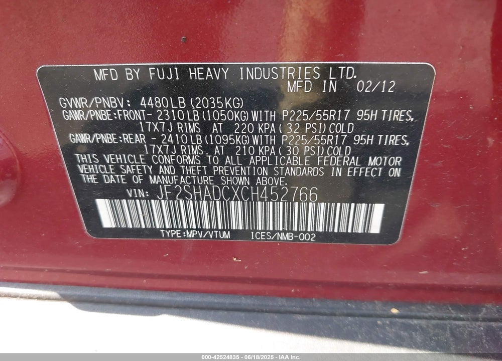 2012 SUBARU FORESTER VIN: JF2SHADCXCH452766