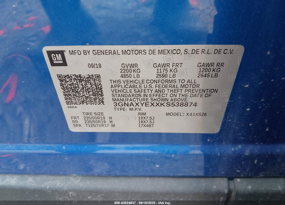 2019 CHEVROLET EQUINOX VIN: 3GNAXYEXXKS538874