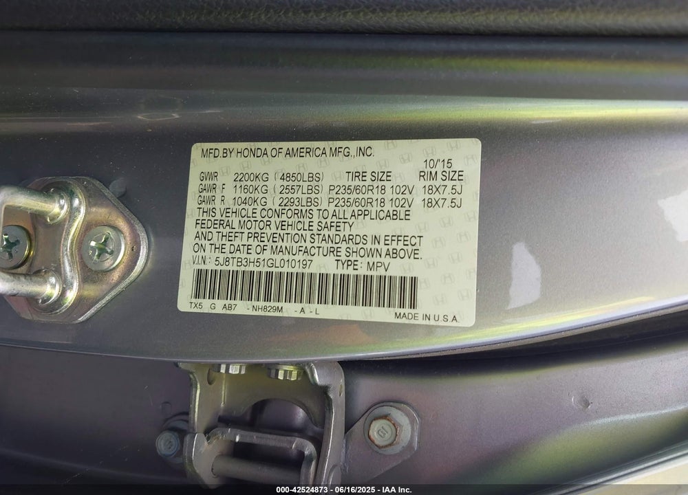 2016 ACURA RDX VIN: 5J8TB3H51GL010197