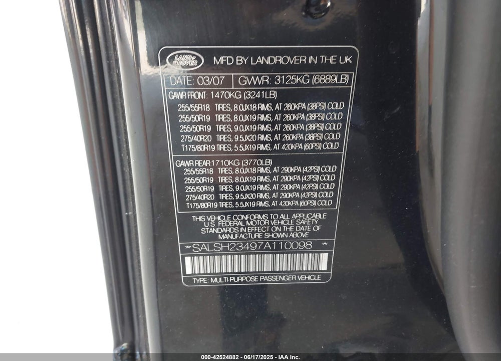 2007 LAND ROVER RANGE ROVER SPORT VIN: SALSH23497A110098