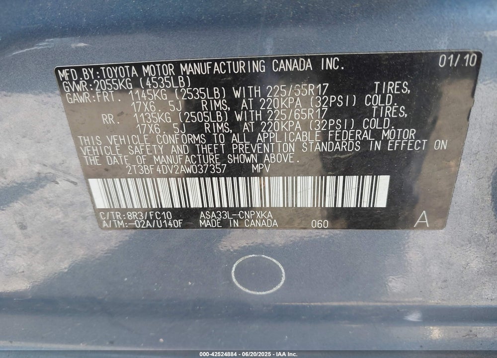 2010 TOYOTA RAV4 VIN: 2T3BF4DV2AW037357