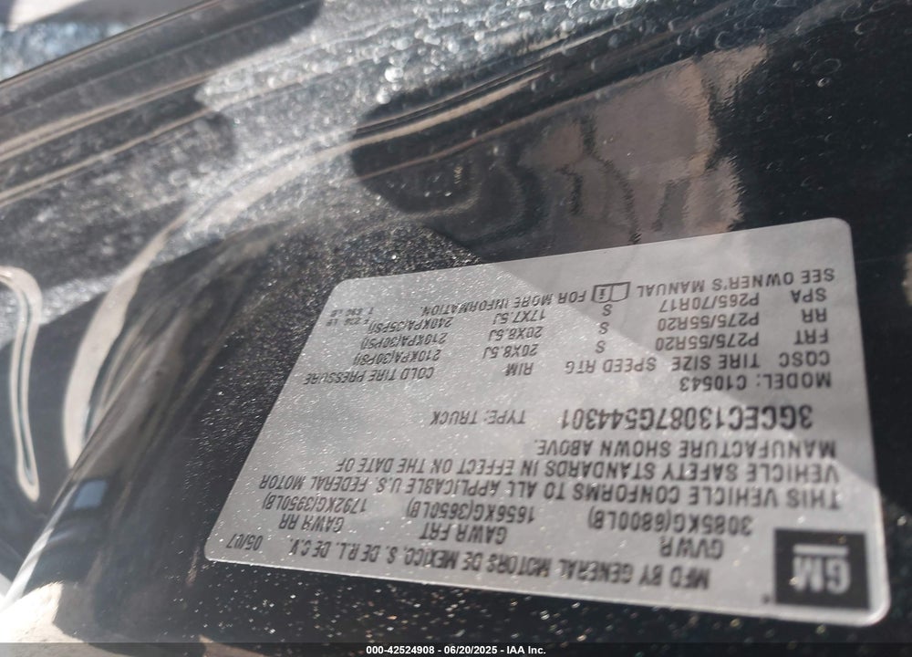 2007 CHEVROLET SILVERADO 1500 VIN: 3GCEC13087G544301