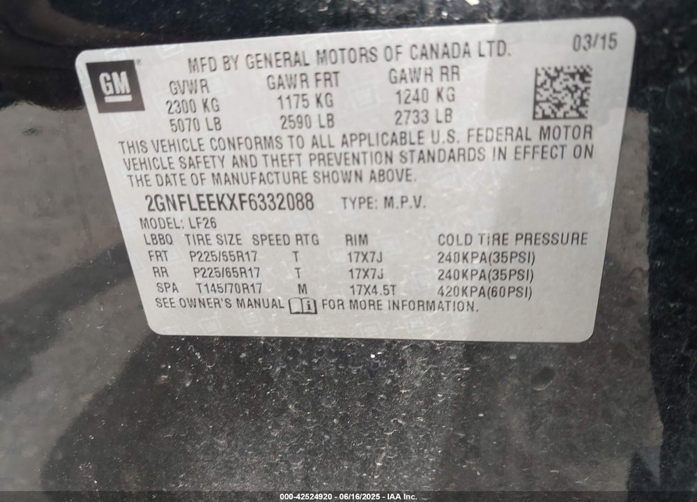 2015 CHEVROLET EQUINOX VIN: 2GNFLEEKXF6332088