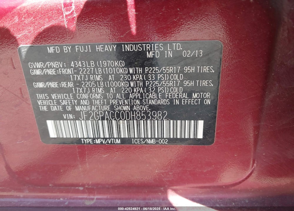 2013 SUBARU XV CROSSTREK 2.0I PREMIUM VIN: JF2GPACC0DH853982