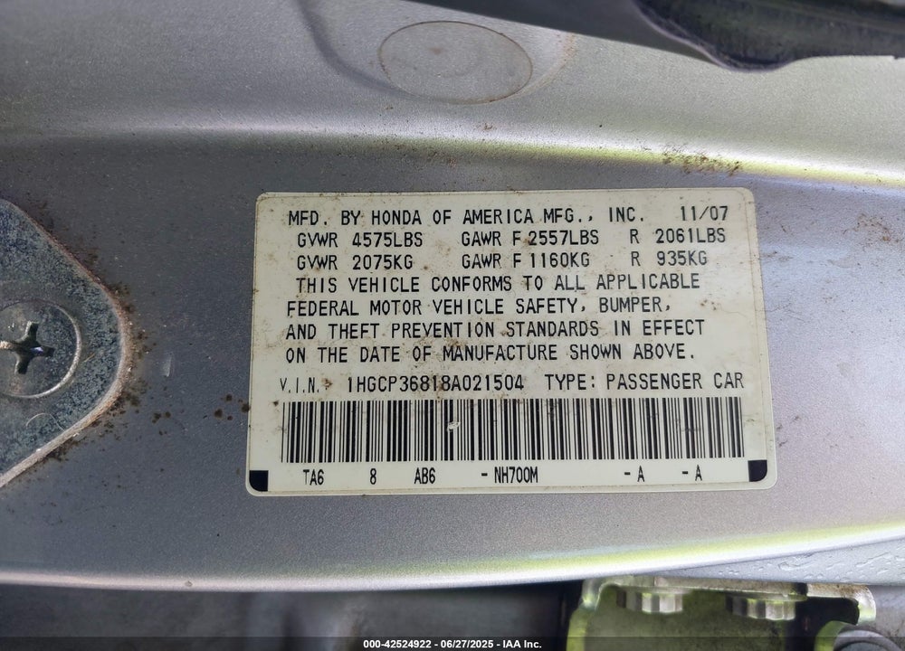 2008 HONDA ACCORD VIN: 1HGCP36818A021504