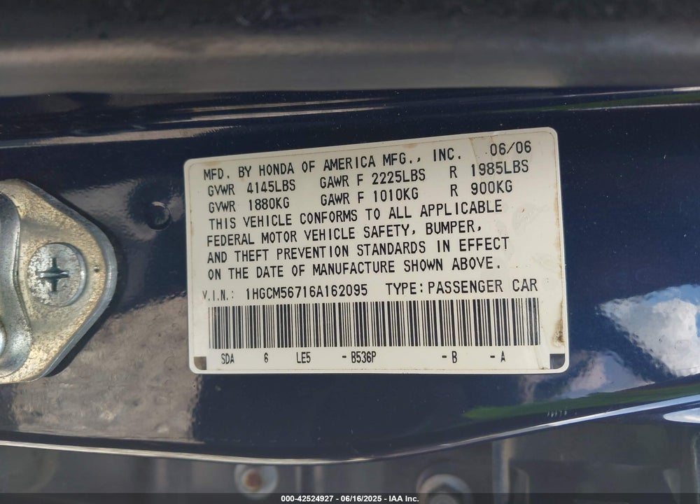 2006 HONDA ACCORD VIN: 1HGCM56716A162095