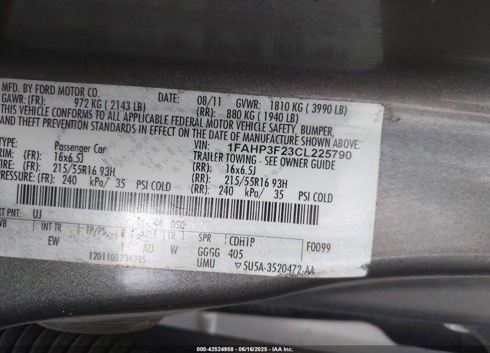 2012 FORD FOCUS VIN: 1FAHP3F23CL225790