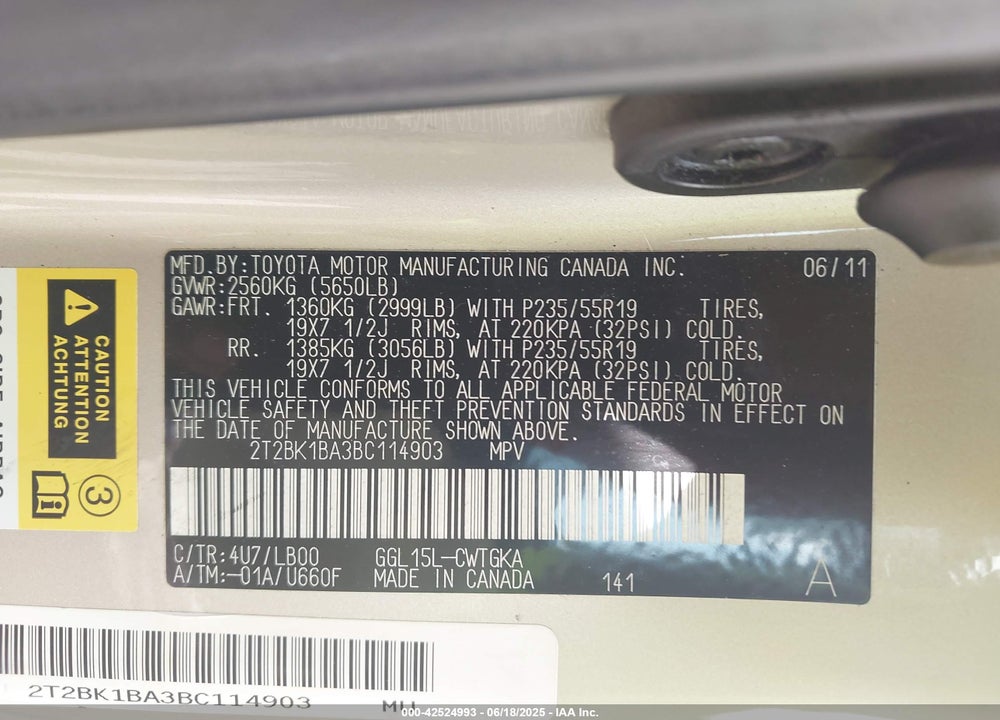 2011 LEXUS RX350 VIN: 2T2BK1BA3BC114903