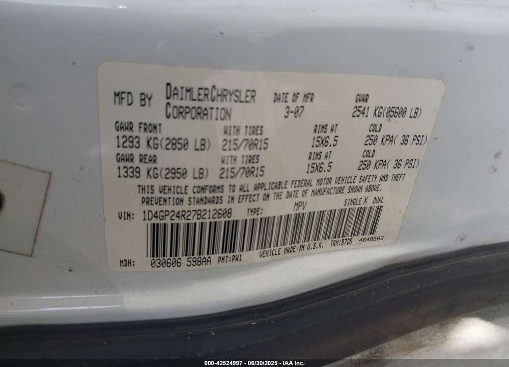 2007 DODGE GRAND CARAVAN SE VIN: 1D4GP24R27B212608