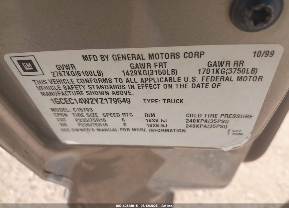 2000 CHEVROLET SILVERADO 1500 VIN: 1GCEC14W2YZ179649