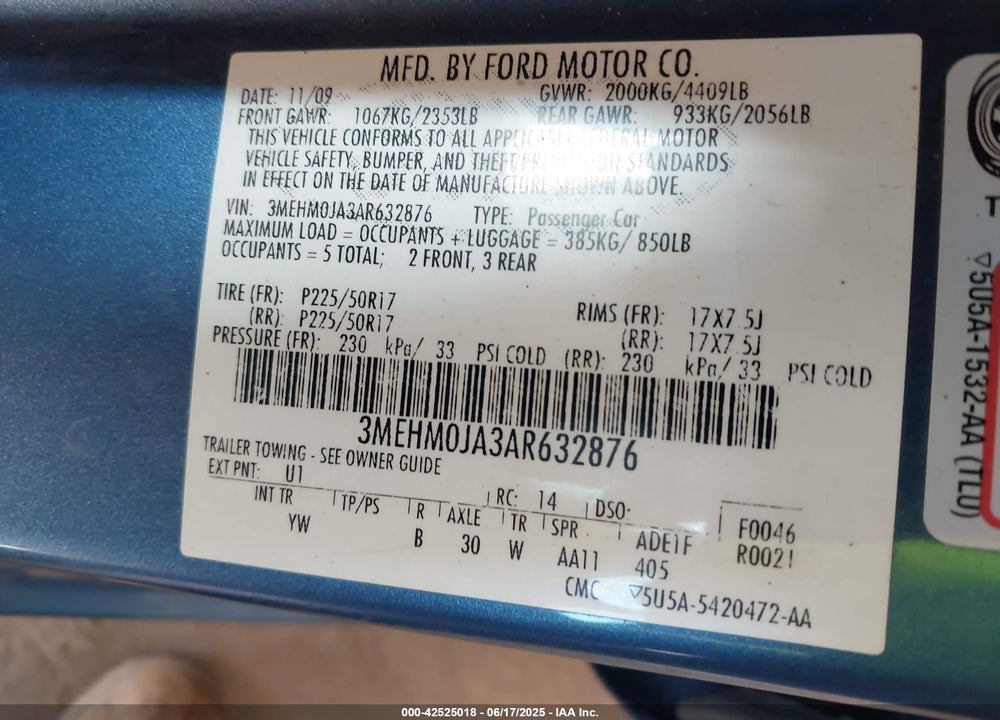 2010 MERCURY MILAN PREMIER VIN: 3MEHM0JA3AR632876