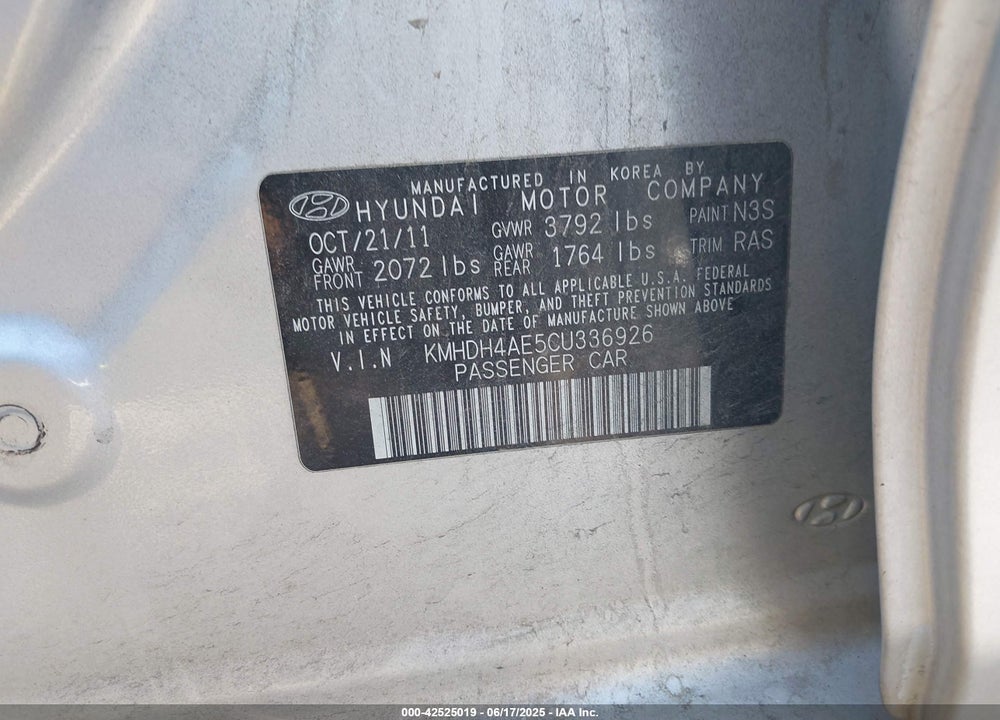 2012 HYUNDAI ELANTRA GLS (ULSAN PLANT) VIN: KMHDH4AE5CU336926