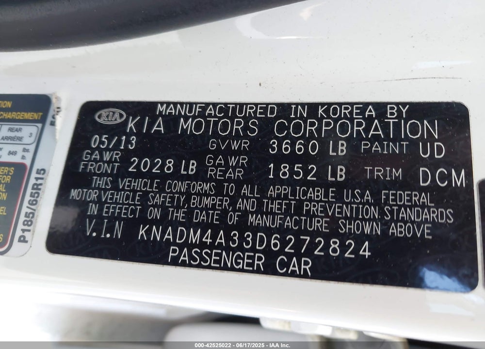 2013 KIA RIO VIN: KNADM4A33D6272824