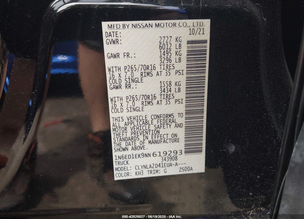 2022 NISSAN FRONTIER VIN: 1N6ED1EK9NN619293