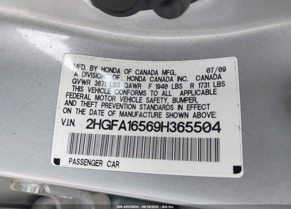 2009 HONDA CIVIC VIN: 2HGFA16569H365504