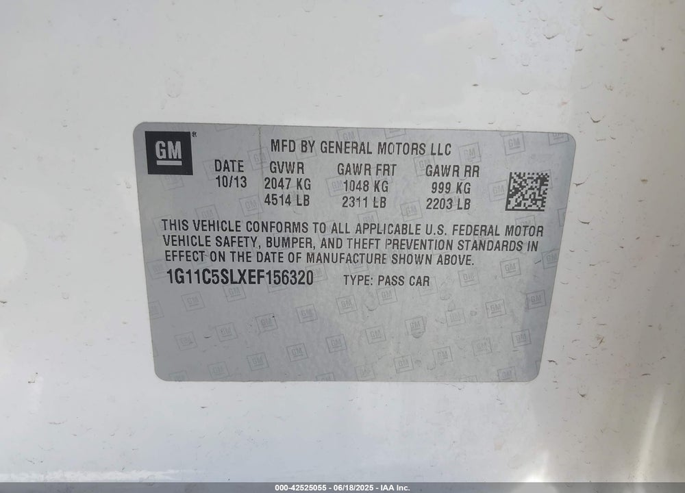 2014 CHEVROLET MALIBU VIN: 1G11C5SLXEF156320
