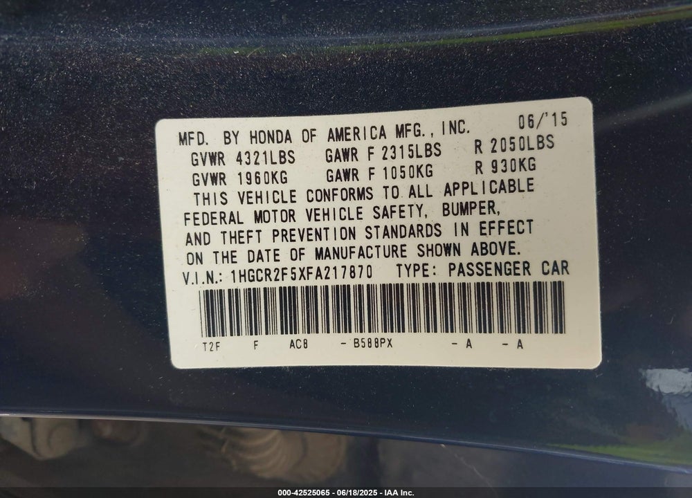 2015 HONDA ACCORD VIN: 1HGCR2F5XFA217870