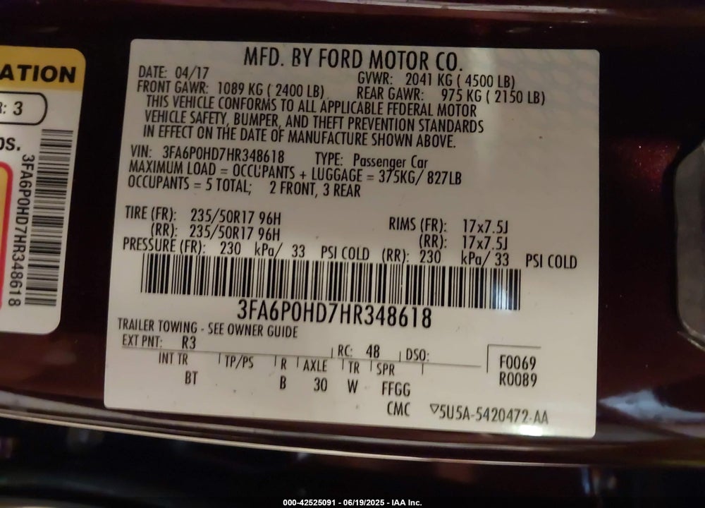 2017 FORD FUSION VIN: 3FA6P0HD7HR348618