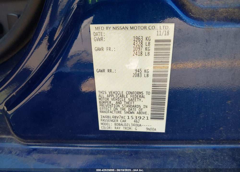 2019 NISSAN ALTIMA VIN: 1N4BL4BV7KC153921