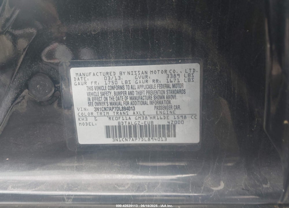 2013 NISSAN VERSA VIN: 3N1CN7AP7DL894013