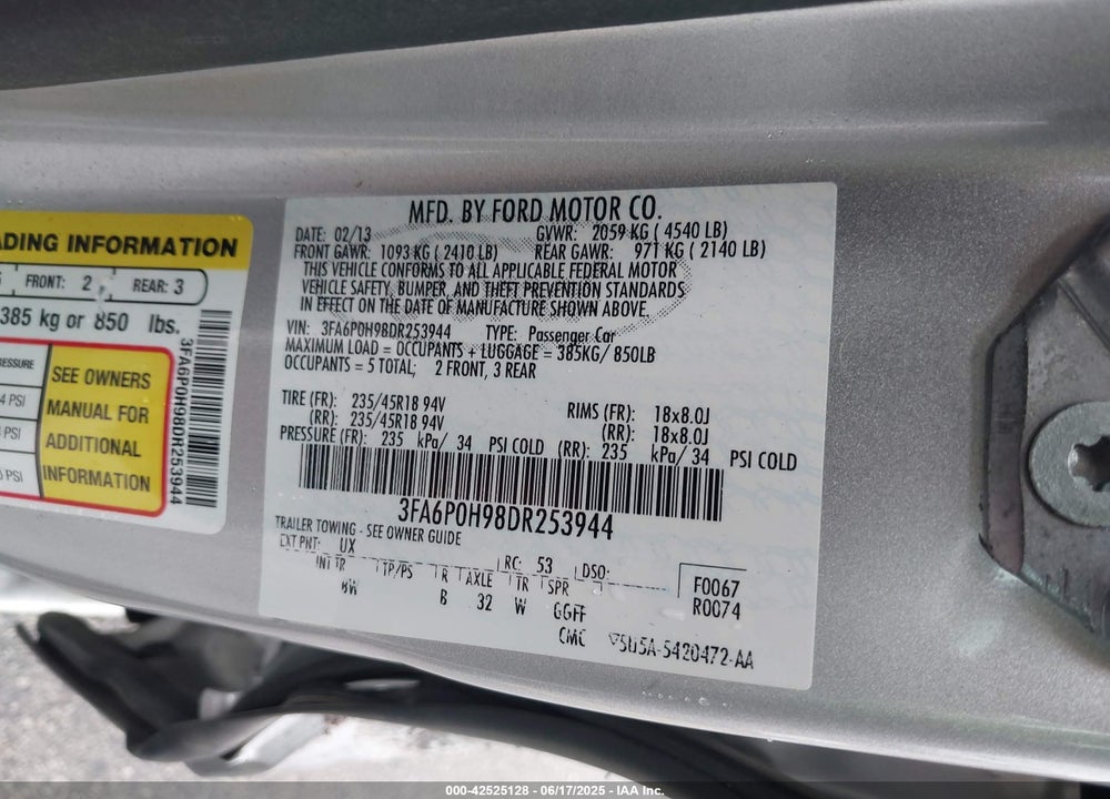 2013 FORD FUSION VIN: 3FA6P0H98DR253944