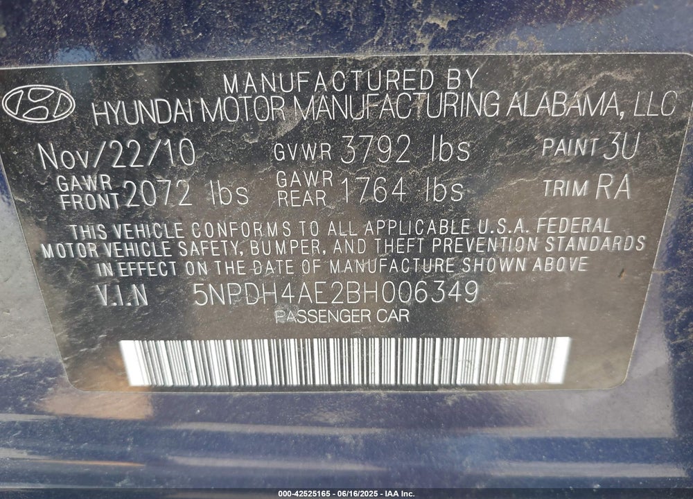 2011 HYUNDAI ELANTRA GLS VIN: 5NPDH4AE2BH006349