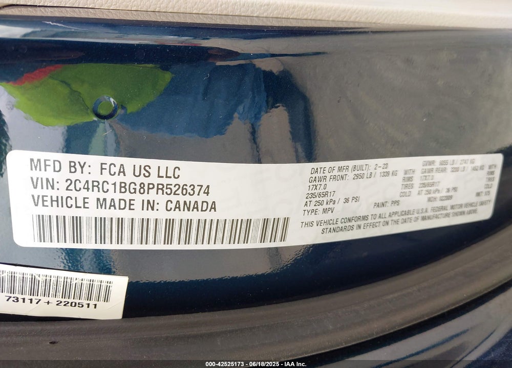 2023 CHRYSLER PACIFICA TOURING L VIN: 2C4RC1BG8PR526374
