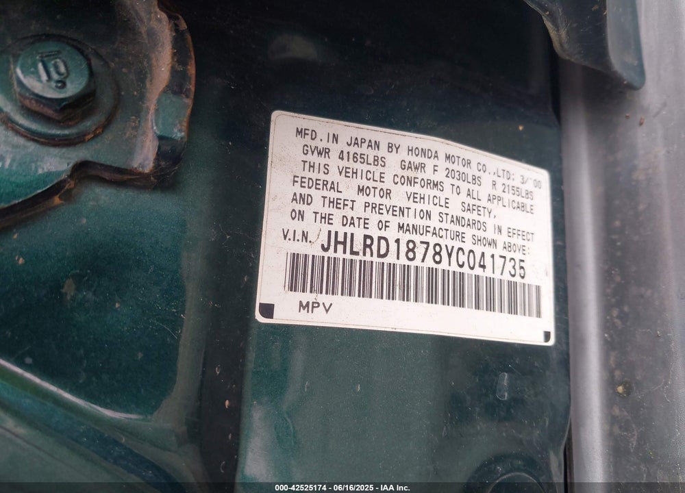 2000 HONDA CR-V SPECIAL EDITION VIN: JHLRD1878YC041735