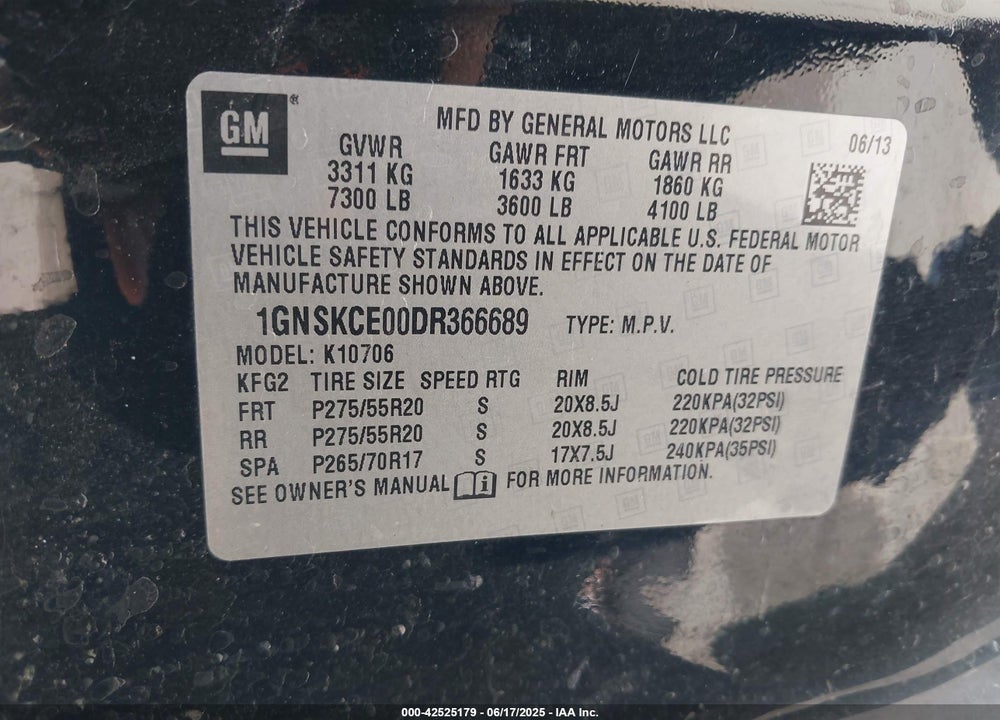 2013 CHEVROLET TAHOE VIN: 1GNSKCE00DR366689