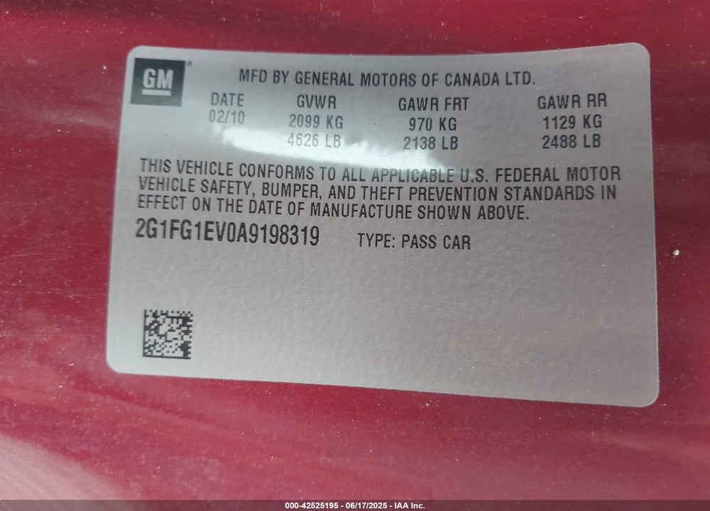 2010 CHEVROLET CAMARO VIN: 2G1FG1EV0A9198319