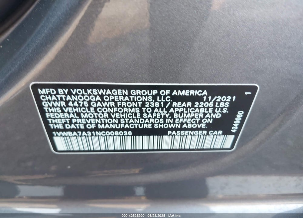 2022 VOLKSWAGEN PASSAT VIN: 1VWBA7A31NC008036