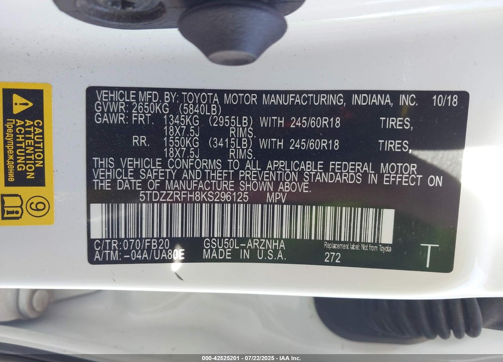 2019 TOYOTA HIGHLANDER VIN: 5TDZZRFH8KS296125