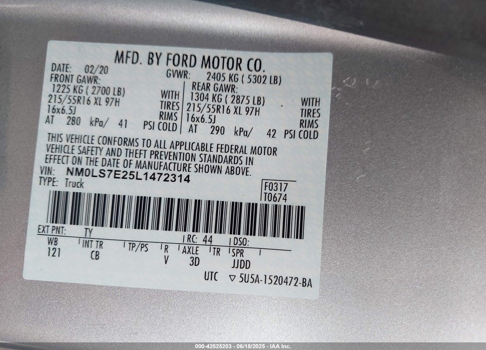 2020 FORD TRANSIT CONNECT XL CARGO VAN VIN: NM0LS7E25L1472314