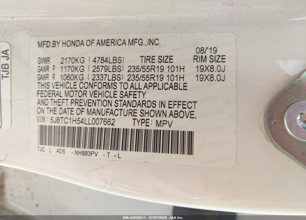 2020 ACURA RDX VIN: 5J8TC1H54LL007662