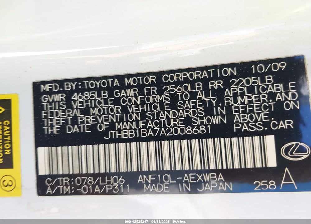 2010 LEXUS HS 250H PREMIUM VIN: JTHBB1BA7A2008681