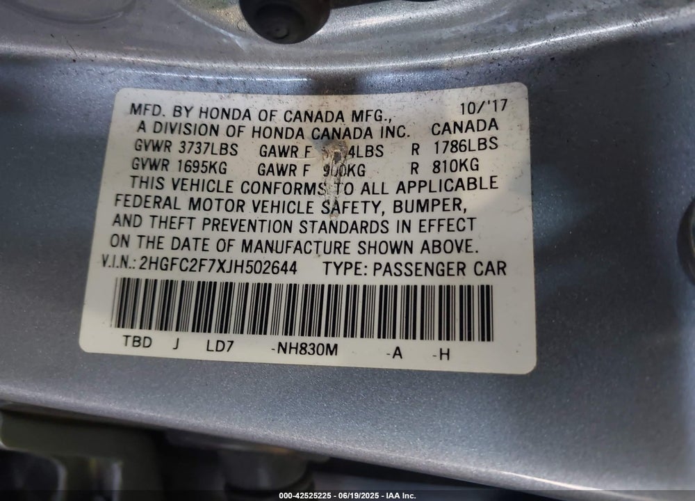 2018 HONDA CIVIC VIN: 2HGFC2F7XJH502644