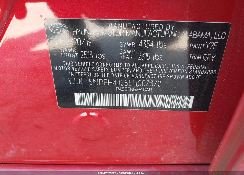 2020 HYUNDAI SONATA VIN: 5NPEH4J28LH007372