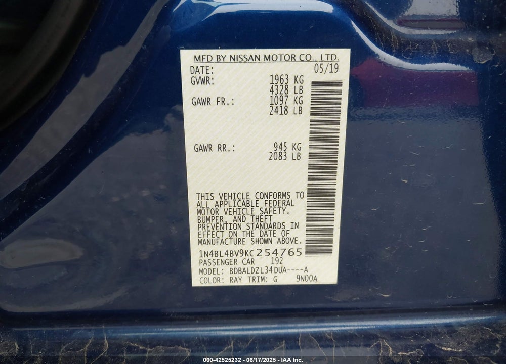 2019 NISSAN ALTIMA VIN: 1N4BL4BV9KC254765