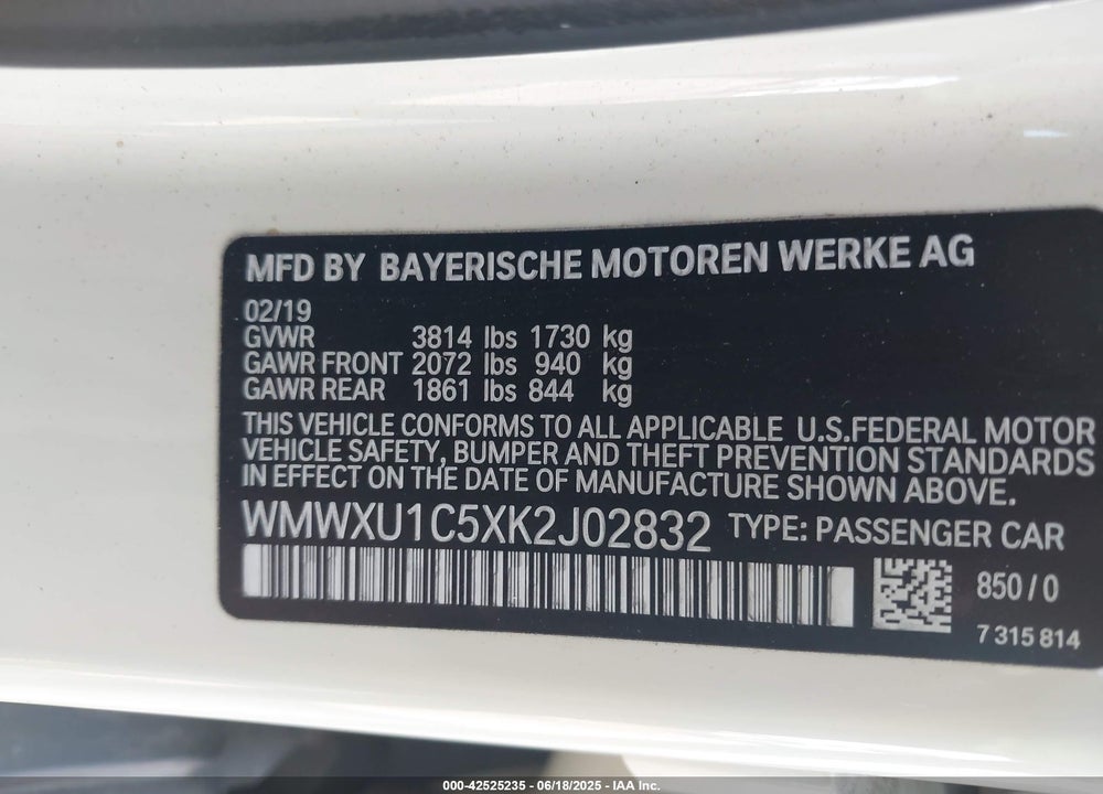 2019 MINI HARDTOP VIN: WMWXU1C5XK2J02832