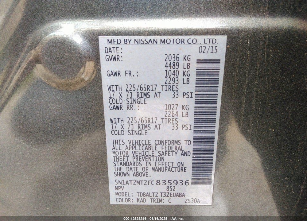 2015 NISSAN ROGUE S/SL/SV VIN: 5N1AT2MT2FC835936