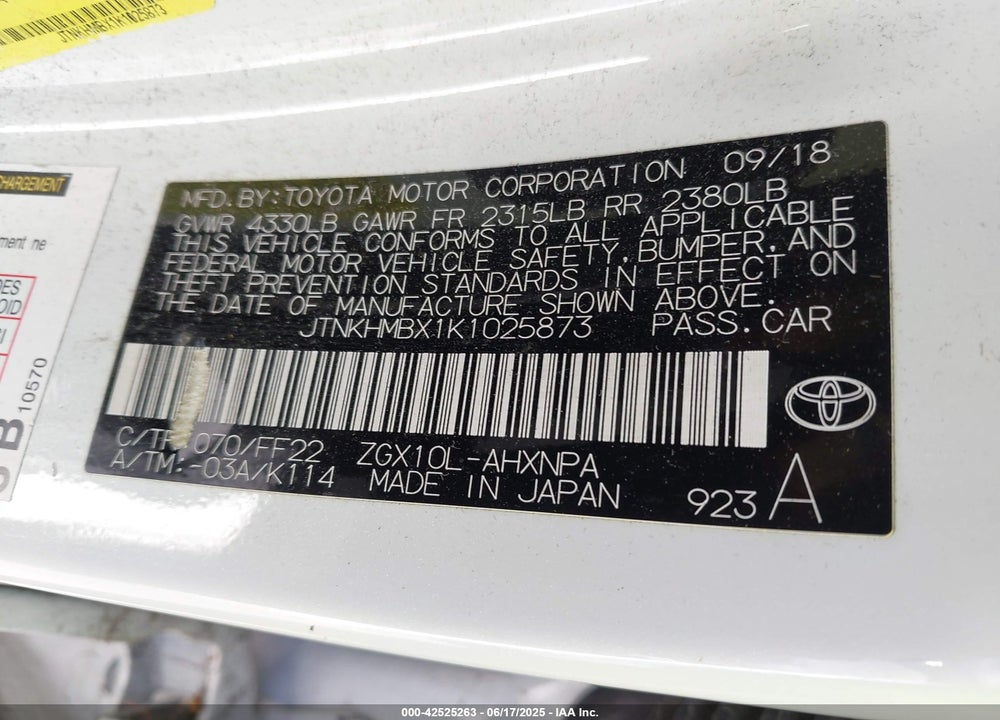 2019 TOYOTA C-HR VIN: JTNKHMBX1K1025873