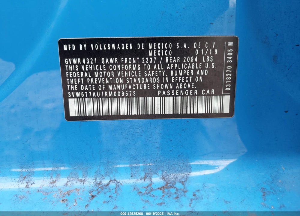 2019 VOLKSWAGEN GTI VIN: 3VW6T7AU1KM009573