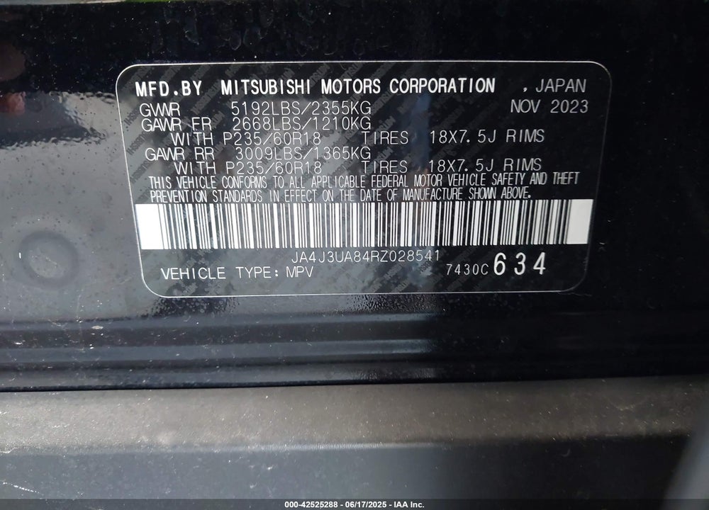 2024 MITSUBISHI OUTLANDER VIN: JA4J3UA84RZ028541